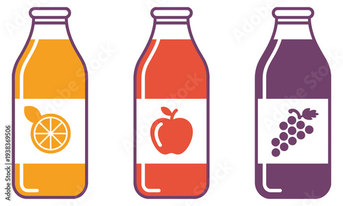Fruit juice bottles, fresh beverage drink, orange red purple juice, colorful smoothie bottles, natural fruit drink concept