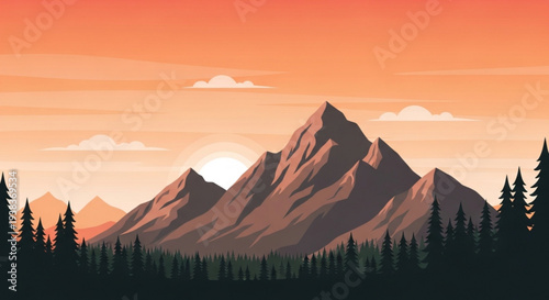Majestic mountain range at sunset with silhouetted trees and vibrant orange sky