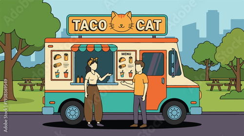 Cartoon taco food truck with vendor and customer in a city park
