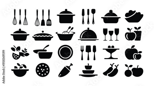 Collection of kitchen utensils cookware and food icons in black silhouette on white background for culinary themes