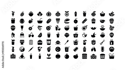 Collection of food and drink icons including fruit desserts and beverages on white background