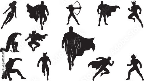 Black silhouettes of various superheroes in action poses also transparent background capes flying