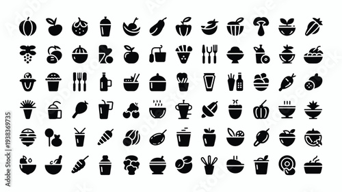 Collection of black food and drink icons on white background including fruit desserts and utensils