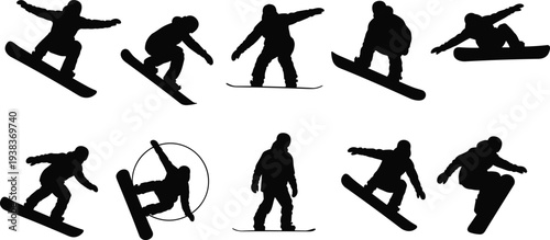 Snowboarder silhouettes performing freestyle jumps and tricks isolated vector set winter sport athlete action extreme snowboarding illustration collection