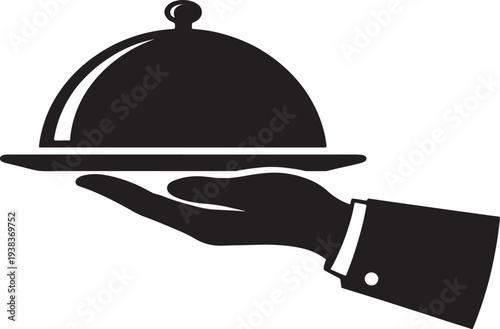 Black silhouette of a hand holding a covered silver serving dish also transparent background
