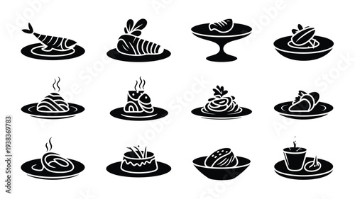 Black and white food icons set including fish cakes pastries desserts and coffee on plates and dishes for culinary themes