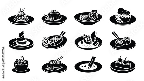 Variety of asian cuisine dishes on plates and bowls with chopsticks black and white vector illustrations