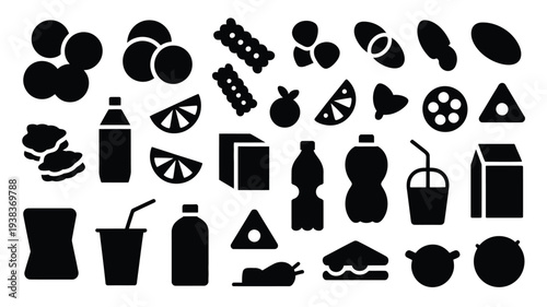 Collection of black food and drink icons on white background including fruits snacks beverages and meals