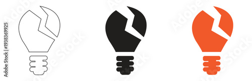 set of three broken light bulb icons representing failure or no idea concepts in outline black and orange colors, perfect for design and web projects