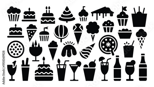 Collection of black food and drink icons including desserts cocktails and beverages on white background