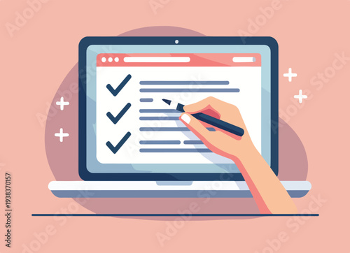 Finestra del browser dell'elenco di controllo. Segno di spunta. Segno di spunta bianco sullo schermo del laptop. Scelta, concetti di indagine. Elementi per banner web, siti web, vettoriale