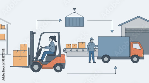 Logistics and supply chain management illustration with warehouse operations