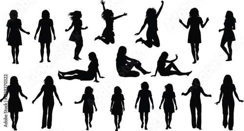 Female dancing jumping sitting and walking silhouettes collection isolated vector set with dynamic girl poses for design illustration
