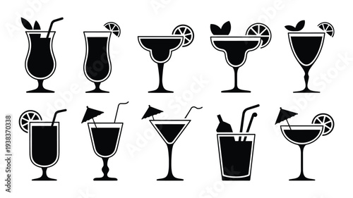 Collection of black silhouettes of various cocktail glasses with straws and garnishes on white background for mixology and beverage design