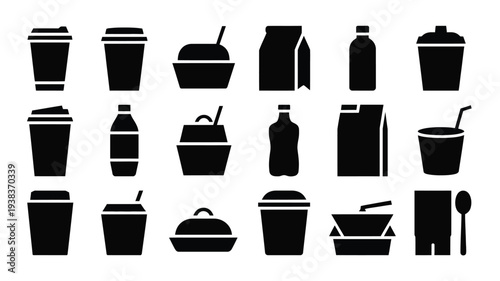 Collection of black silhouettes of fast food and drink items on white background for design and branding