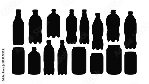 Collection of black silhouettes of various plastic bottles and cans on white background for recycling or packaging design