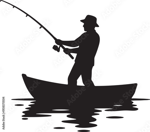 Silhouette of a man fishing from a rowboat on calm water also transparent background
