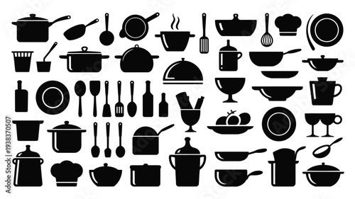 Collection of kitchen utensils and dishes in black silhouette on white background for cooking and dining concepts