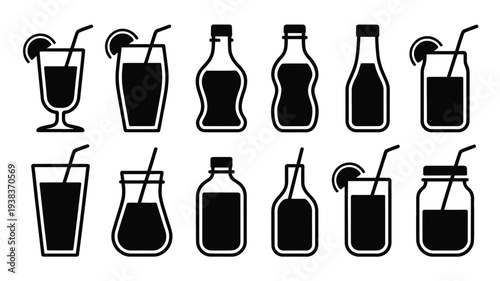 Collection of black silhouettes of various drink bottles and glasses with straws on white background for beverage or refreshment concept
