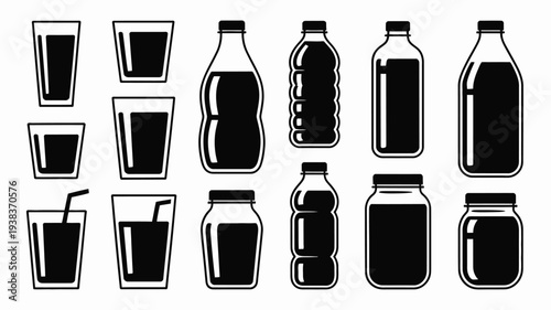 Collection of various beverage containers including glasses and bottles filled with dark liquid simple black and white illustration suitable for drink related designs