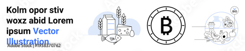 Milk, cheese, fish, wheat, Bitcoin symbol, animals, and eco-friendly living elements. Ideal for agriculture, cryptocurrency, sustainability, eco-living, organic food, blockchain technology, digital