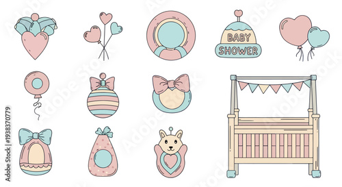Baby Shower Clipart Elements Crib and Decorations.