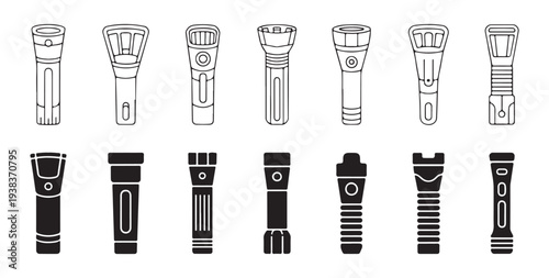 Assortment of twelve flashlight icons presented in outline and silhouette form, suitable for digital and print media