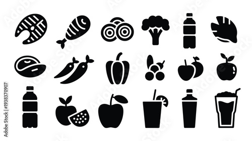 Healthy food and drink icons including fish fruits vegetables and beverages on white background