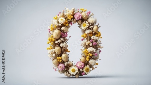 A floral wreath comprising various flowers and foliage arranged in a circular shape