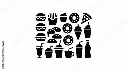 Black icons of various fast food items and drinks on white background including burgers pizza fries soda and coffee