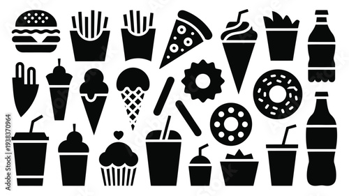 Collection of fast food and drink icons including burgers fries pizza donuts and soda on white background
