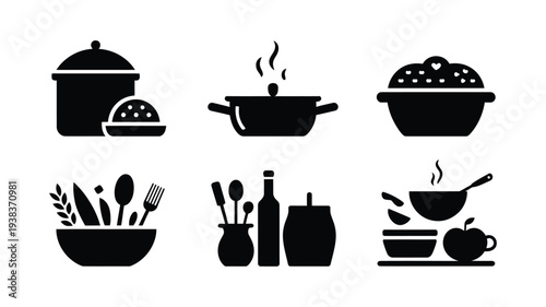 Black silhouette icons of various kitchen utensils and cooking pots with food on white background for culinary themes