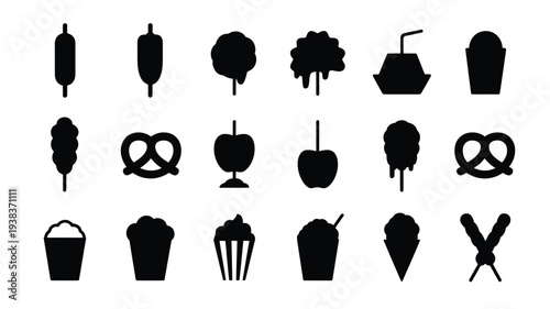 Collection of black food and drink icons on white background including various snacks and desserts