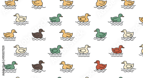 Ducks in various colors swimming.