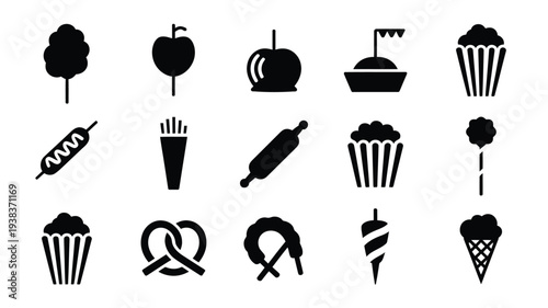 Collection of black food icons including desserts and snacks on white background for design
