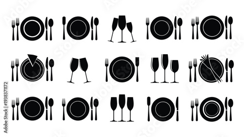 Dining table setting icons with plates glasses utensils on white background for restaurant menu or culinary design