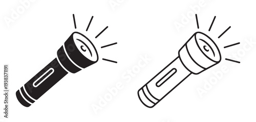 Diagonal flashlight vector icons with light rays for camping and emergency situation navigation graphics