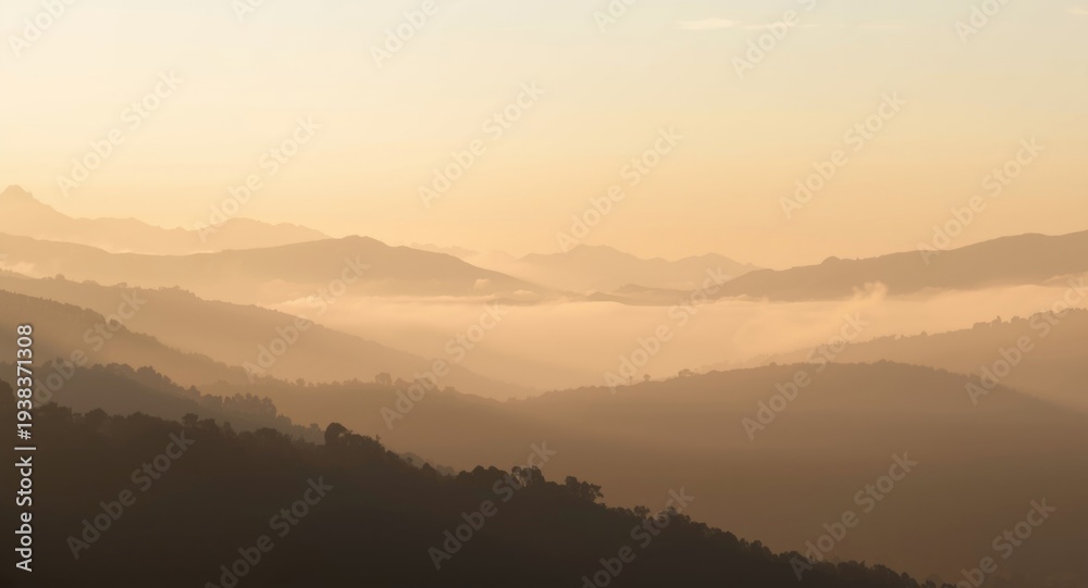 Obraz premium Dawn light on foggy hills with selective focus portraying tranquil mountain scenery