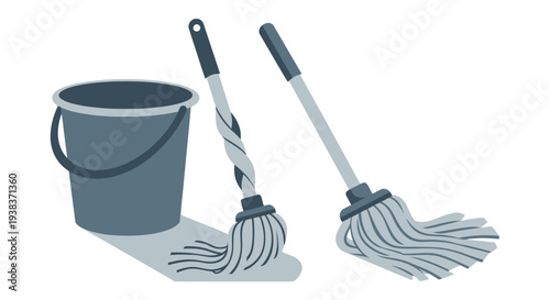 Brooms and bucket cleaning tools.