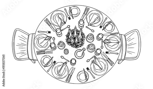 Top-Down Dining Table Coloring Page Vector with Plates, Glasses, and Centerpiece Decorations