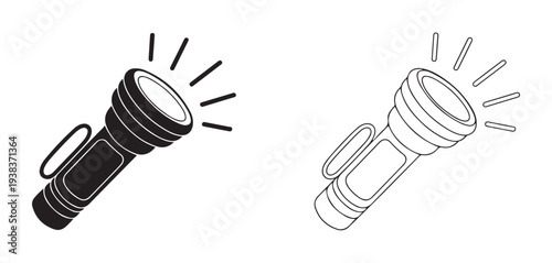 Tactical flashlight icons with side handles and light beams for military and professional security use