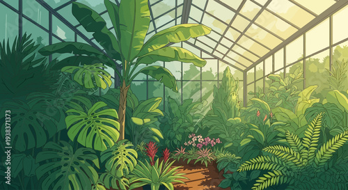 Tropical plants in a greenhouse setting.