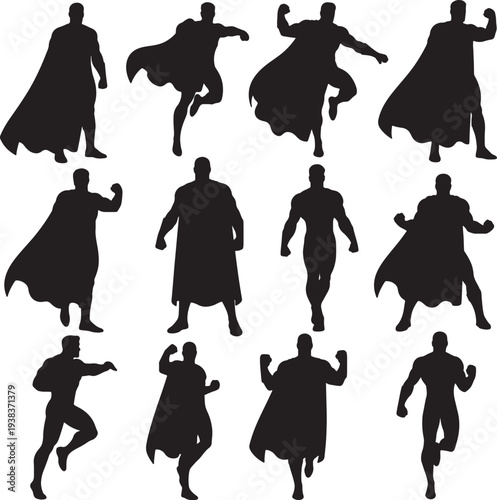 Silhouettes of superhero figures flying and running in various poses also transparent background dynamic poses