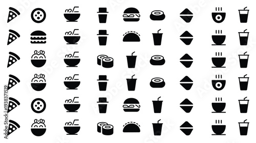 Collection of fast food icons including pizza sushi burgers and drinks on white background