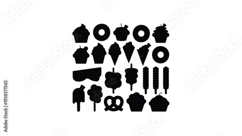 Collection of black silhouettes of various sweet treats and baked goods on white background