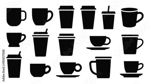 Collection of various black coffee and tea cups and mugs in different styles and shapes on white background