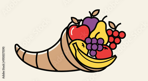 Cartoon Cornucopia with Fresh Fruits and Vegetables.