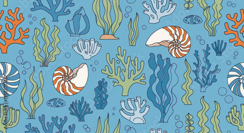 Colorful Nautilus Shells and Seaweed Pattern.
