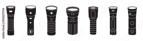 Flashlight silhouette collection featuring various industrial and portable designs for lighting equipment