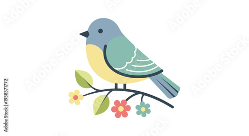 Colorful Bird Sitting on Flowering Branch.